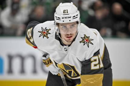 Nov 22, 2023; Dallas, Texas, USA; Vegas Golden Knights right wing Mark Stone (61) in action during the game between the Dallas Stars and the Vegas Golden Knights at the American Airlines Center. Mandatory Credit: Jerome Miron-USA TODAY Sports