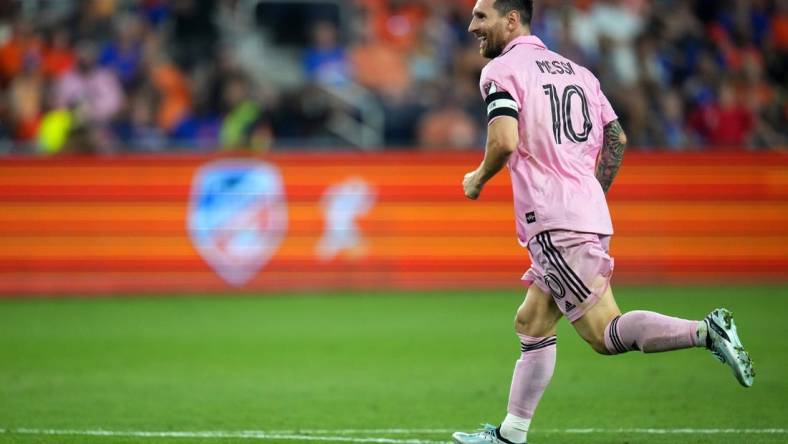 Inter Miami CF forward Lionel Messi (10) celebrates a goal in the first period of extra time of a U.S. Open Cup semifinal match between Inter Miami and FC Cincinnati, Wednesday, Aug. 23, 2023, at TQL Stadium in Cincinnati.