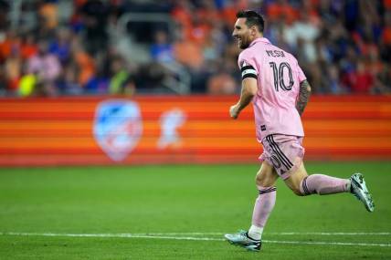 Inter Miami CF forward Lionel Messi (10) celebrates a goal in the first period of extra time of a U.S. Open Cup semifinal match between Inter Miami and FC Cincinnati, Wednesday, Aug. 23, 2023, at TQL Stadium in Cincinnati.