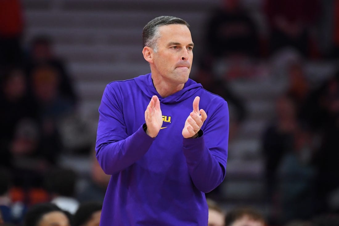 Nov 28, 2023; Syracuse, New York, USA; LSU Tigers head coach Matt McMahon looks on prior to the game against the Syracuse Orange at the JMA Wireless Dome. Mandatory Credit: Rich Barnes-USA TODAY Sports