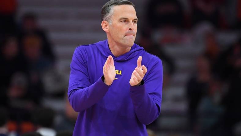 Nov 28, 2023; Syracuse, New York, USA; LSU Tigers head coach Matt McMahon looks on prior to the game against the Syracuse Orange at the JMA Wireless Dome. Mandatory Credit: Rich Barnes-USA TODAY Sports