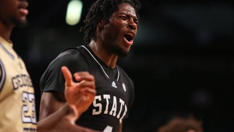 Nov 28, 2023; Atlanta, Georgia, USA; Mississippi State Bulldogs forward Cameron Matthews (4) reacts to a referee against the Georgia Tech Yellow Jackets in the second half at McCamish Pavilion. Mandatory Credit: Brett Davis-USA TODAY Sports