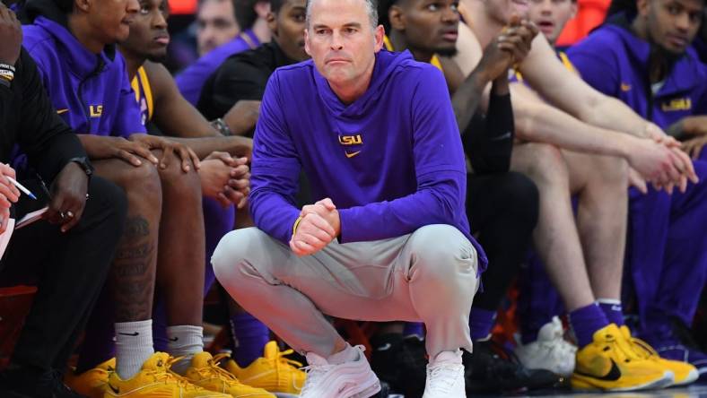 Nov 28, 2023; Syracuse, New York, USA; LSU Tigers head coach Matt McMahon looks on against the Syracuse Orange during the second half at the JMA Wireless Dome. Mandatory Credit: Rich Barnes-USA TODAY Sports