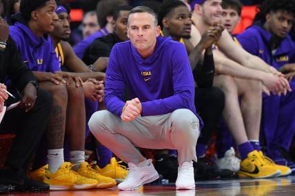 Nov 28, 2023; Syracuse, New York, USA; LSU Tigers head coach Matt McMahon looks on against the Syracuse Orange during the second half at the JMA Wireless Dome. Mandatory Credit: Rich Barnes-USA TODAY Sports