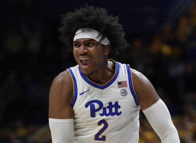 Nov 28, 2023; Pittsburgh, Pennsylvania, USA; Pittsburgh Panthers forward Blake Hinson (2) reacts after a made basket against the Missouri Tigers during the second half at the Petersen Events Center. The Tigers won 71-64. Mandatory Credit: Charles LeClaire-USA TODAY Sports