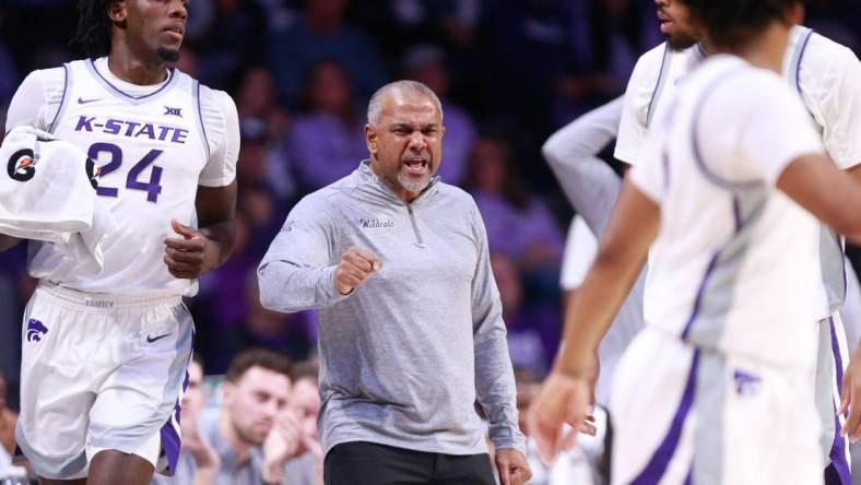 Kansas State coach Jerome Tang yells toward his players during the first half of Tuesday's game against Oral Roberts inside Bramlage Coliseum.