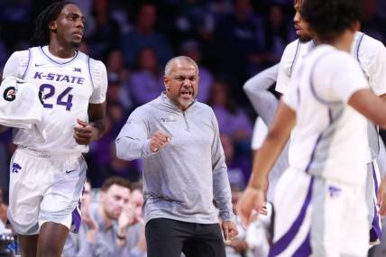 Kansas State coach Jerome Tang yells toward his players during the first half of Tuesday's game against Oral Roberts inside Bramlage Coliseum.
