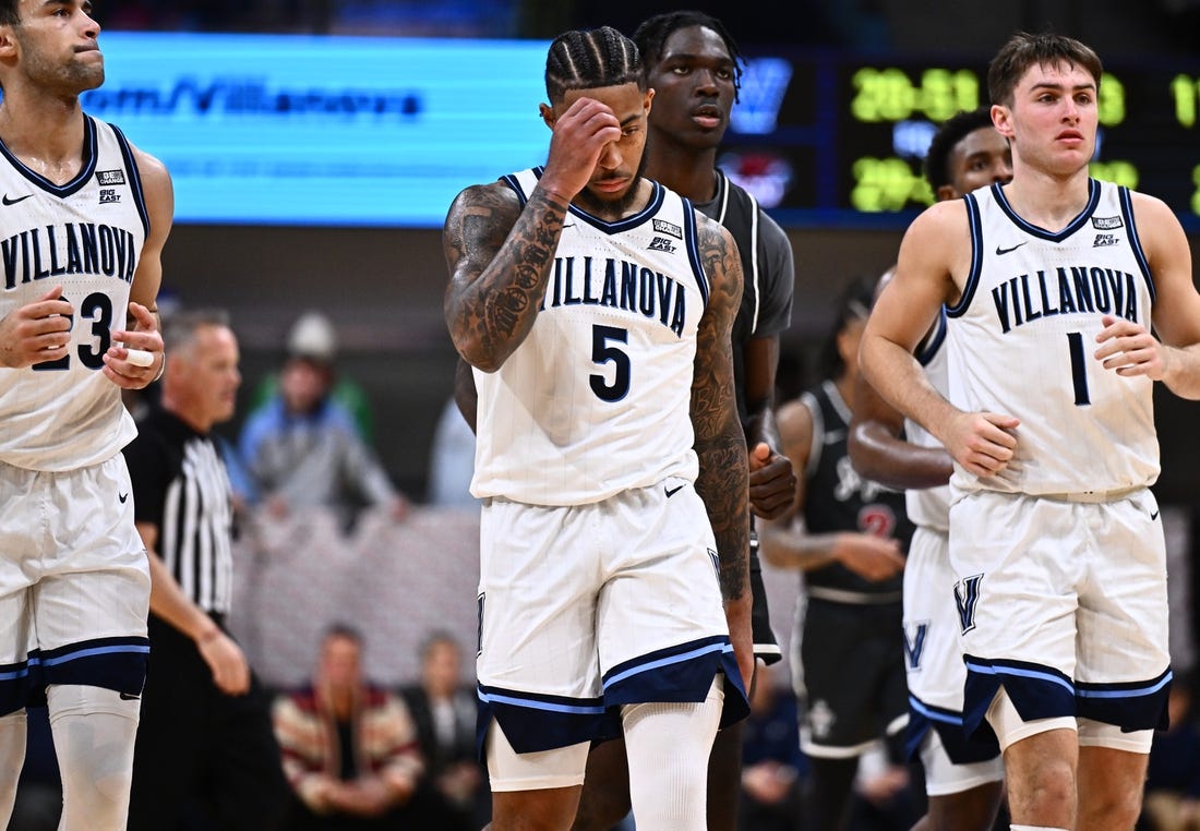 Nov 29, 2023; Villanova, Pennsylvania, USA; Villanova Wildcats guard Justin Moore (5) reacts against the Saint Joseph's Hawks in the second half at William B. Finneran Pavilion. Mandatory Credit: Kyle Ross-USA TODAY Sports