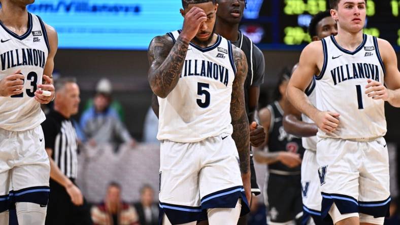 Nov 29, 2023; Villanova, Pennsylvania, USA; Villanova Wildcats guard Justin Moore (5) reacts against the Saint Joseph's Hawks in the second half at William B. Finneran Pavilion. Mandatory Credit: Kyle Ross-USA TODAY Sports