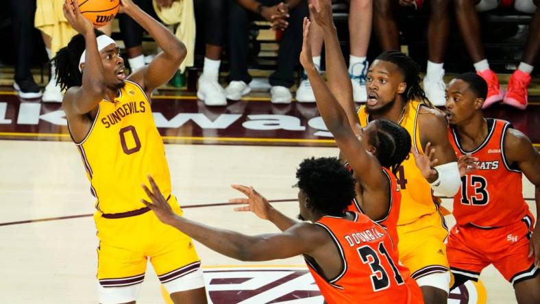 Arizona State Sun Devils guard Kamari Lands (0) looks to the basket against the Sam Houston State Bearkats at Desert Financial Arena in Tempe on Nov. 29, 2023. Mandatory Credit: Rob Schumacher-Arizona Republic