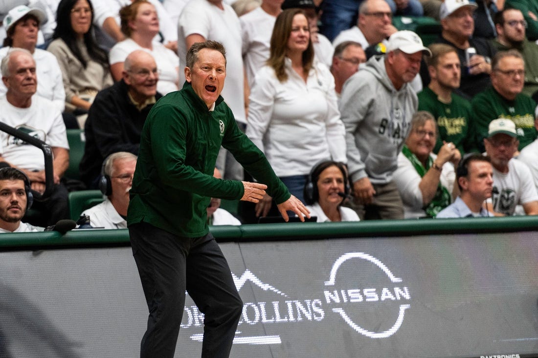 Colorado State University's Head Coach Niko Medved gets animated with his players during a game against CU at Moby Arena in Fort Collins, Colo., on Wednesday, Nov. 29, 2023.