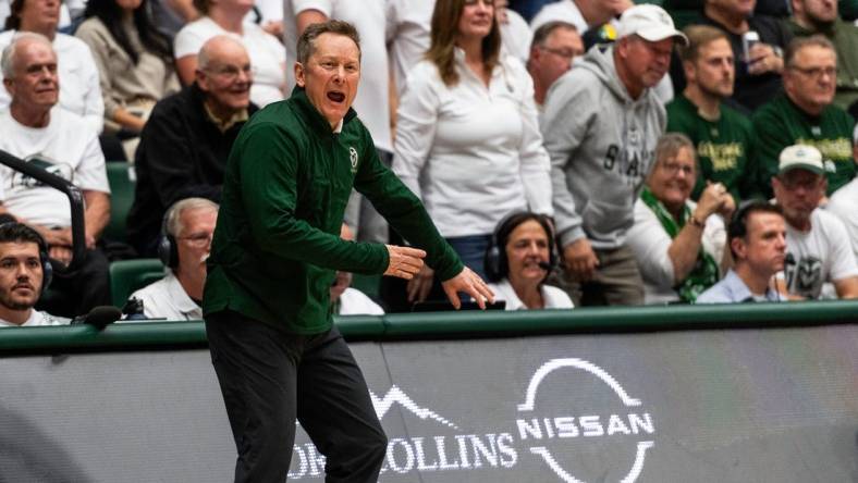 Colorado State University's Head Coach Niko Medved gets animated with his players during a game against CU at Moby Arena in Fort Collins, Colo., on Wednesday, Nov. 29, 2023.