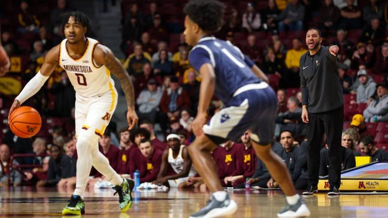 Nov 30, 2023; Minneapolis, Minnesota, USA; Minnesota Golden Gophers head coach Ben Johnson calls a play during the first half against the New Orleans Privateers at Williams Arena. Mandatory Credit: Matt Krohn-USA TODAY Sports