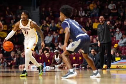 Nov 30, 2023; Minneapolis, Minnesota, USA; Minnesota Golden Gophers head coach Ben Johnson calls a play during the first half against the New Orleans Privateers at Williams Arena. Mandatory Credit: Matt Krohn-USA TODAY Sports