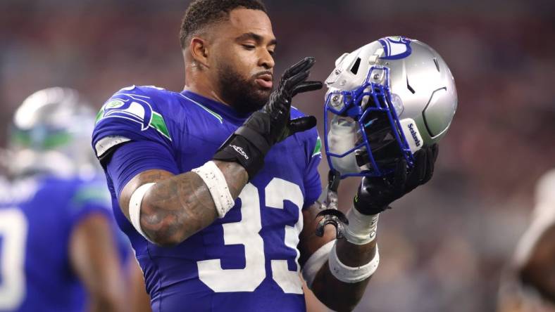 Nov 30, 2023; Arlington, Texas, USA; Seattle Seahawks safety Jamal Adams (33) during the first half against the Dallas Cowboys at AT&T Stadium. Mandatory Credit: Tim Heitman-USA TODAY Sports