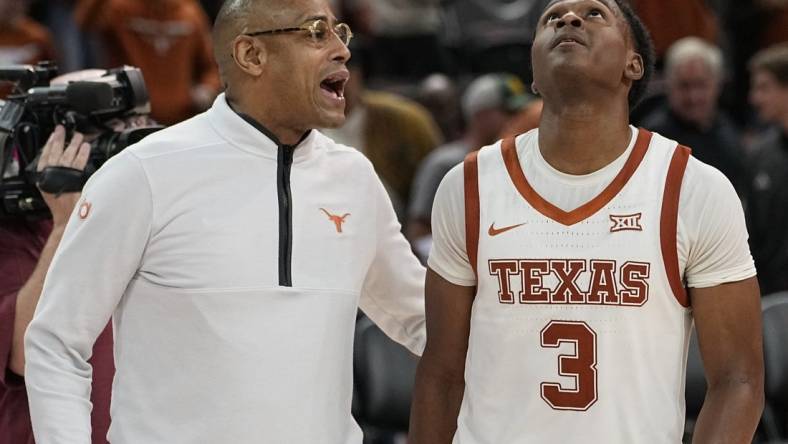 Nov 30, 2023; Austin, Texas, USA; Texas Longhorns head coach Rodney Terry talks with guard Max Abmas (3) after a victory over the Texas State Bobcats at Moody Center. Mandatory Credit: Scott Wachter-USA TODAY Sports