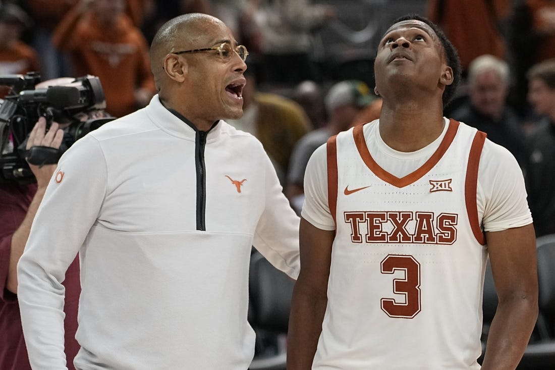 Nov 30, 2023; Austin, Texas, USA; Texas Longhorns head coach Rodney Terry talks with guard Max Abmas (3) after a victory over the Texas State Bobcats at Moody Center. Mandatory Credit: Scott Wachter-USA TODAY Sports