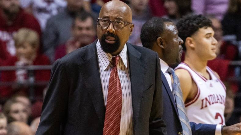 Dec 1, 2023; Bloomington, Indiana, USA; Indiana Hoosiers head coach Mike Woodson in the first half against the Maryland Terrapins at Simon Skjodt Assembly Hall. Mandatory Credit: Trevor Ruszkowski-USA TODAY Sports