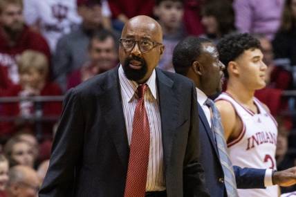 Dec 1, 2023; Bloomington, Indiana, USA; Indiana Hoosiers head coach Mike Woodson in the first half against the Maryland Terrapins at Simon Skjodt Assembly Hall. Mandatory Credit: Trevor Ruszkowski-USA TODAY Sports