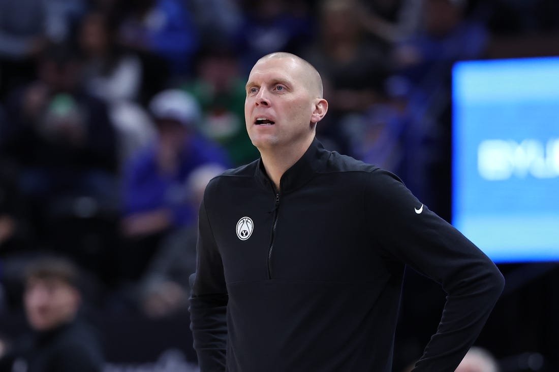 Dec 1, 2023; Salt Lake City, Utah, USA; Brigham Young Cougars head coach Mark Pope looks on against the Fresno State Bulldogs during the first half at Delta Center. Mandatory Credit: Rob Gray-USA TODAY Sports