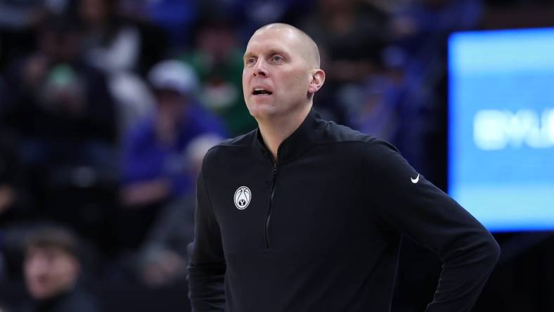 Dec 1, 2023; Salt Lake City, Utah, USA; Brigham Young Cougars head coach Mark Pope looks on against the Fresno State Bulldogs during the first half at Delta Center. Mandatory Credit: Rob Gray-USA TODAY Sports