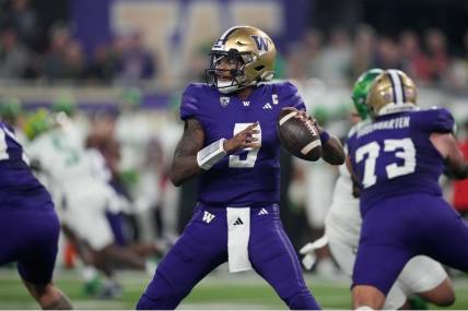 Dec 1, 2023; Las Vegas, NV, USA; Washington Huskies quarterback Michael Penix Jr. (9) throws the ball against the Oregon Ducks  in the first half at Allegiant Stadium. Mandatory Credit: Kirby Lee-USA TODAY Sports