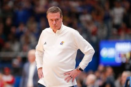 Kansas coach Bill Self looks back at his bench after a play in the second half of Friday's game against Connecticut inside Allen Fieldhouse.