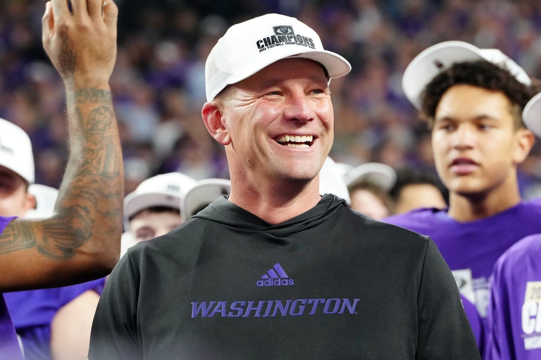 Dec 1, 2023; Las Vegas, NV, USA; Washington Huskies head coach Kalen DeBoer reacts as players celebrate after the Huskies defeated the Oregon Ducks 31-34 to win the Pac-12 Championship at Allegiant Stadium. Mandatory Credit: Stephen R. Sylvanie-USA TODAY Sports