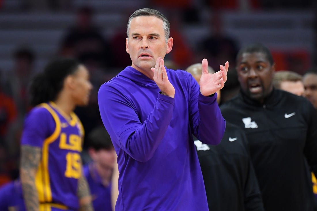 Nov 28, 2023; Syracuse, New York, USA; LSU Tigers head coach Matt McMahon looks on against the Syracuse Orange during the first half at the JMA Wireless Dome. Mandatory Credit: Rich Barnes-USA TODAY Sports