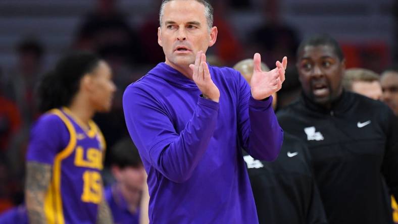 Nov 28, 2023; Syracuse, New York, USA; LSU Tigers head coach Matt McMahon looks on against the Syracuse Orange during the first half at the JMA Wireless Dome. Mandatory Credit: Rich Barnes-USA TODAY Sports