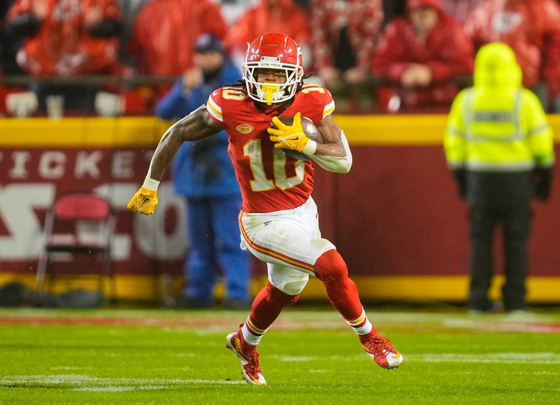 Nov 20, 2023; Kansas City, Missouri, USA; Kansas City Chiefs running back Isiah Pacheco (10) runs the ball during the second half against the Philadelphia Eagles at GEHA Field at Arrowhead Stadium. Mandatory Credit: Jay Biggerstaff-USA TODAY Sports