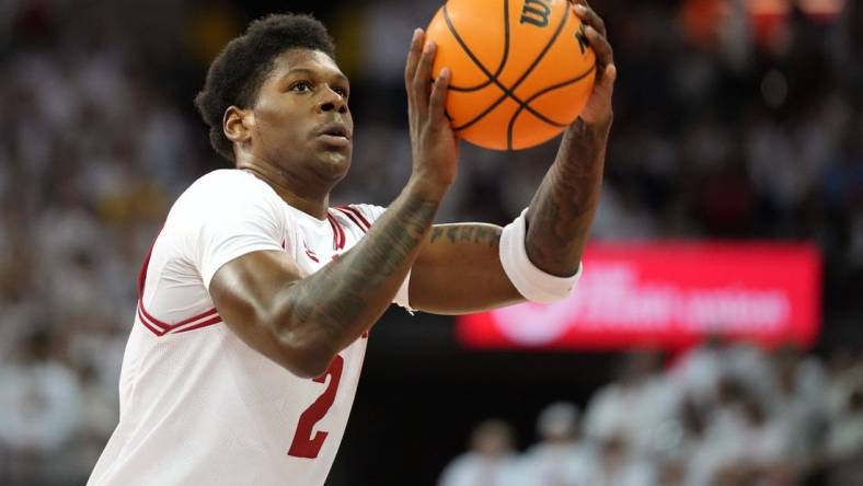 Dec 2, 2023; Madison, Wisconsin, USA;  Wisconsin Badgers guard AJ Storr (2) shoots a free throw against the Marquette Golden Eagles during the second half at the Kohl Center. Mandatory Credit: Kayla Wolf-USA TODAY Sports