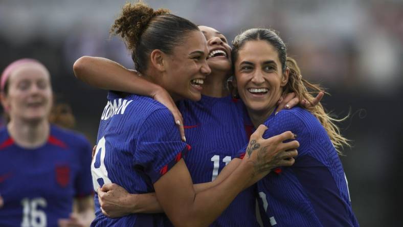 Dec 2, 2023; Fort Lauderdale, Florida, USA; United States forward Sophia Smith (11) celebrates with forward Trinity Rodman (8) and midfielder Savannah DeMelo (22) after scoring against China during the first half at DRV PNK Stadium. Mandatory Credit: Sam Navarro-USA TODAY Sports