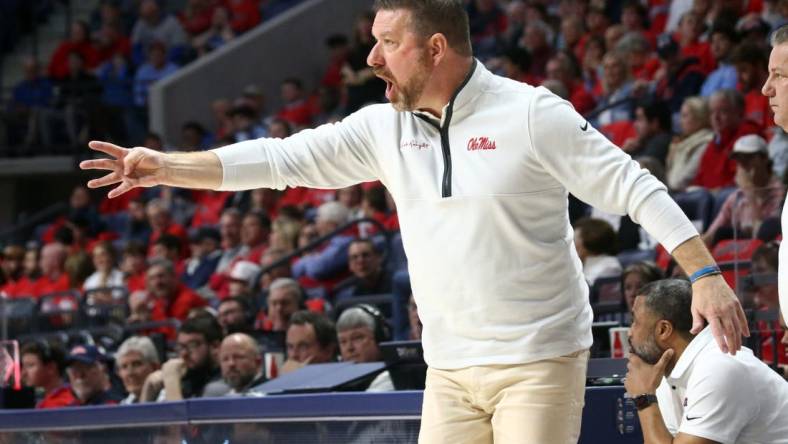 Dec 2, 2023; Oxford, Mississippi, USA; Mississippi Rebels head coach Chris Beard reacts during the first half against the Memphis Tigers at The Sandy and John Black Pavilion at Ole Miss. Mandatory Credit: Petre Thomas-USA TODAY Sports