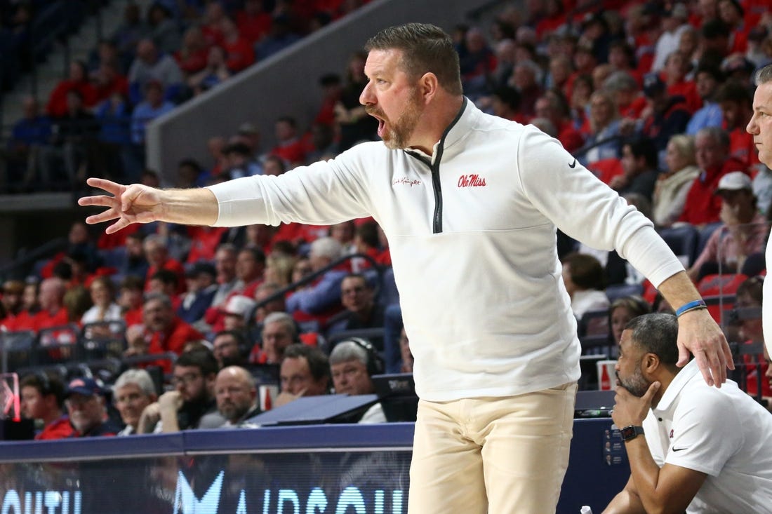 Dec 2, 2023; Oxford, Mississippi, USA; Mississippi Rebels head coach Chris Beard reacts during the first half against the Memphis Tigers at The Sandy and John Black Pavilion at Ole Miss. Mandatory Credit: Petre Thomas-USA TODAY Sports