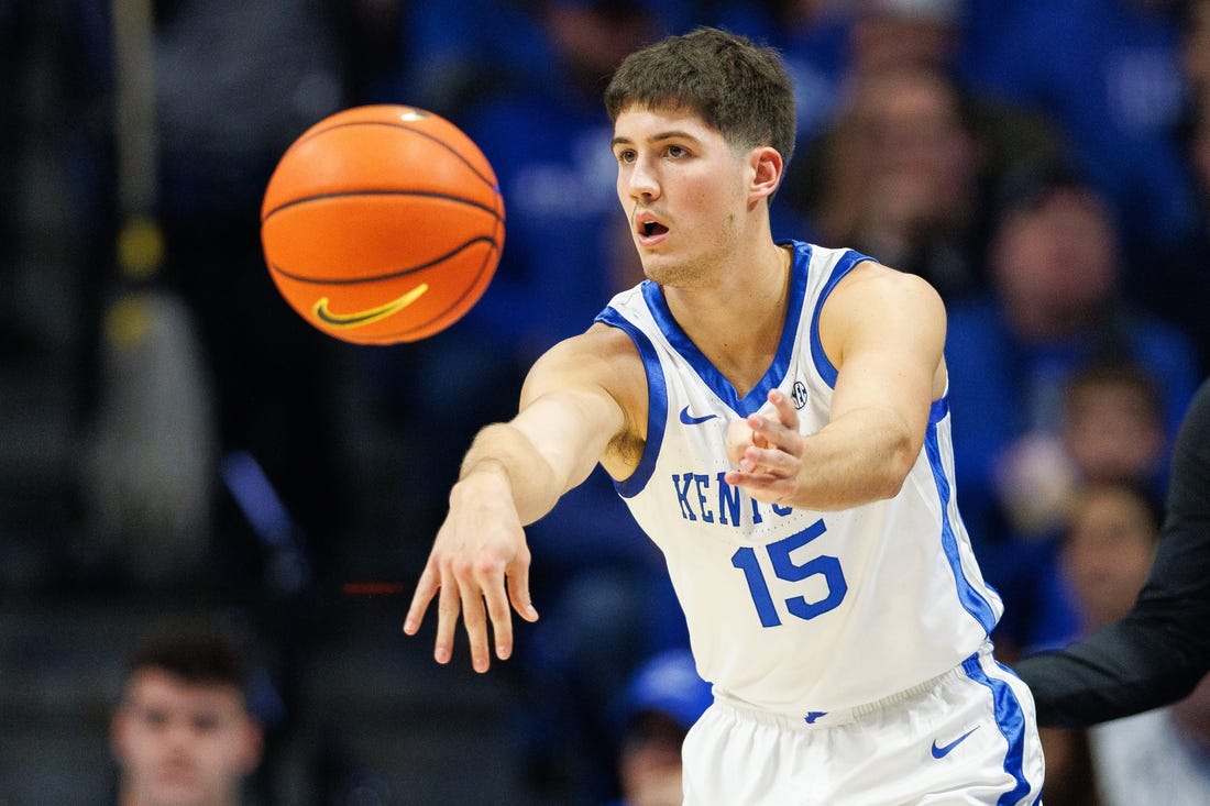 Dec 2, 2023; Lexington, Kentucky, USA; Kentucky Wildcats guard Reed Sheppard (15) passes the ball during the first half against the North Carolina-Wilmington Seahawks at Rupp Arena at Central Bank Center. Mandatory Credit: Jordan Prather-USA TODAY Sports