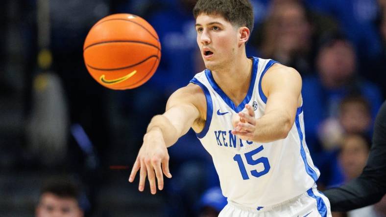 Dec 2, 2023; Lexington, Kentucky, USA; Kentucky Wildcats guard Reed Sheppard (15) passes the ball during the first half against the North Carolina-Wilmington Seahawks at Rupp Arena at Central Bank Center. Mandatory Credit: Jordan Prather-USA TODAY Sports