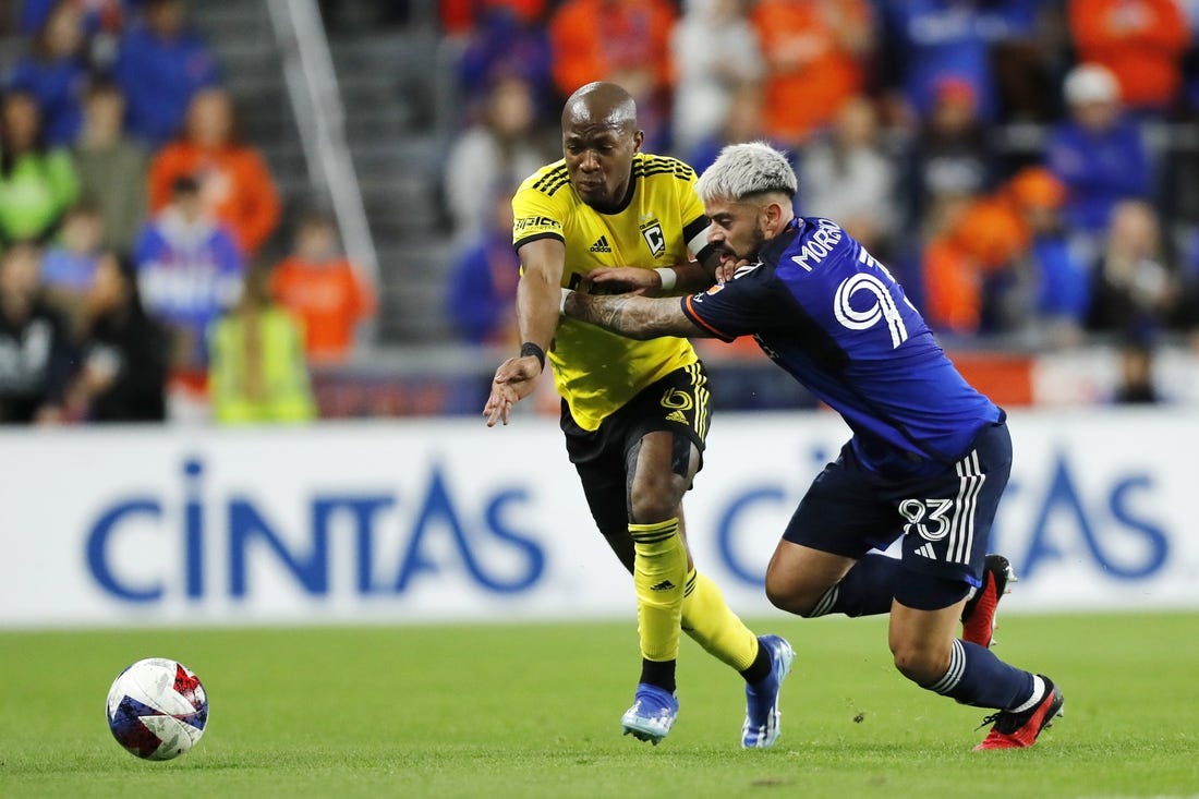 Dec 2, 2023; Cincinnati, Ohio, USA; Columbus Crew midfielder Darlington Nagbe (6) battles for the ball against FC Cincinnati midfielder Junior Moreno (93) during the first half at TQL Stadium. Mandatory Credit: Katie Stratman-USA TODAY Sports