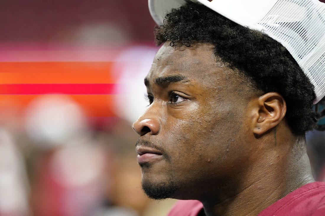 Dec 2, 2023; Atlanta, GA, USA; Alabama Crimson Tide quarterback Jalen Milroe (4) after the game against the Georgia Bulldogs in the SEC Championship game at Mercedes-Benz Stadium. Mandatory Credit: Dale Zanine-USA TODAY Sports