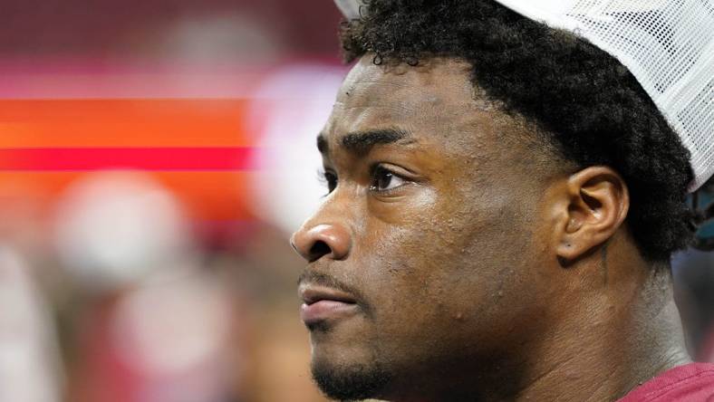 Dec 2, 2023; Atlanta, GA, USA; Alabama Crimson Tide quarterback Jalen Milroe (4) after the game against the Georgia Bulldogs in the SEC Championship game at Mercedes-Benz Stadium. Mandatory Credit: Dale Zanine-USA TODAY Sports