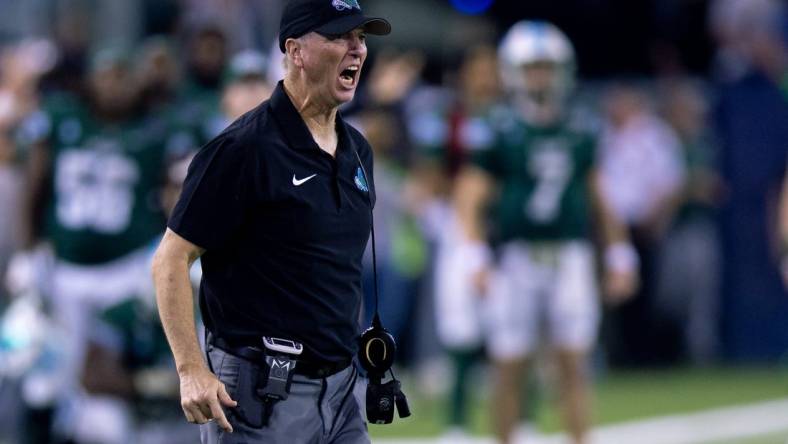 Dec 2, 2023; New Orleans, LA, USA; Tulane Green Wave head coach Willie Fritz reacts to a pass interference call on Tulane Green Wave against the Southern Methodist Mustangs during the second half at Yulman Stadium. Mandatory Credit: Stephen Lew-USA TODAY Sports