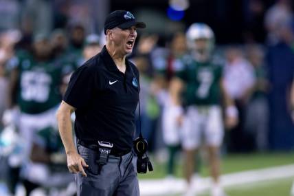 Dec 2, 2023; New Orleans, LA, USA; Tulane Green Wave head coach Willie Fritz reacts to a pass interference call on Tulane Green Wave against the Southern Methodist Mustangs during the second half at Yulman Stadium. Mandatory Credit: Stephen Lew-USA TODAY Sports