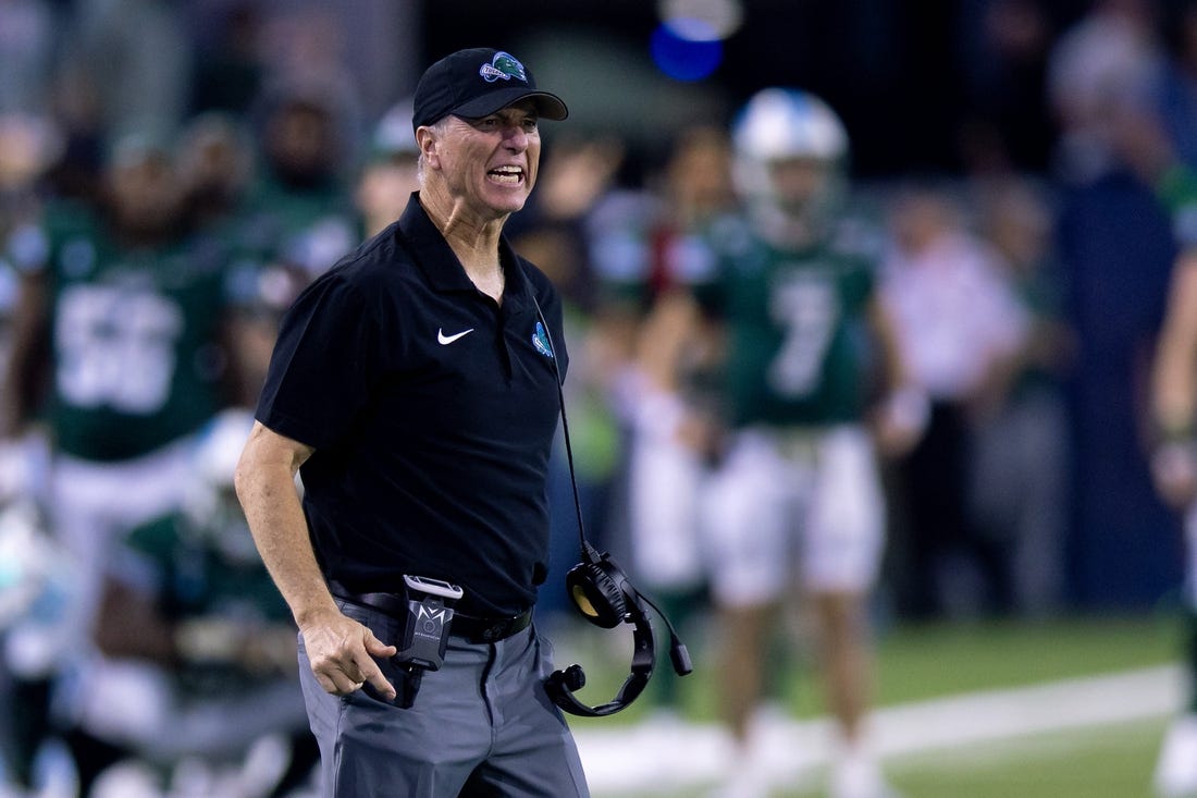 Dec 2, 2023; New Orleans, LA, USA; Tulane Green Wave head coach Willie Fritz reacts to a pass interference call on Tulane Green Wave against the Southern Methodist Mustangs during the second half at Yulman Stadium. Mandatory Credit: Stephen Lew-USA TODAY Sports