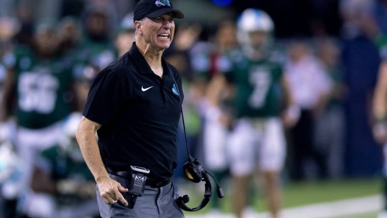 Dec 2, 2023; New Orleans, LA, USA; Tulane Green Wave head coach Willie Fritz reacts to a pass interference call on Tulane Green Wave against the Southern Methodist Mustangs during the second half at Yulman Stadium. Mandatory Credit: Stephen Lew-USA TODAY Sports