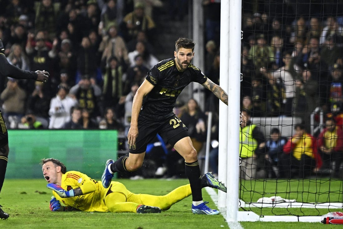 Dec 2, 2023; Los Angeles, California, USA; Los Angeles FC midfielder Ryan Hollingshead (24) reacts after scoring a goal against the Houston Dynamo in the first half for the MLS Cup Western Conference Final at BMO Stadium. Mandatory Credit: Kelvin Kuo-USA TODAY Sports