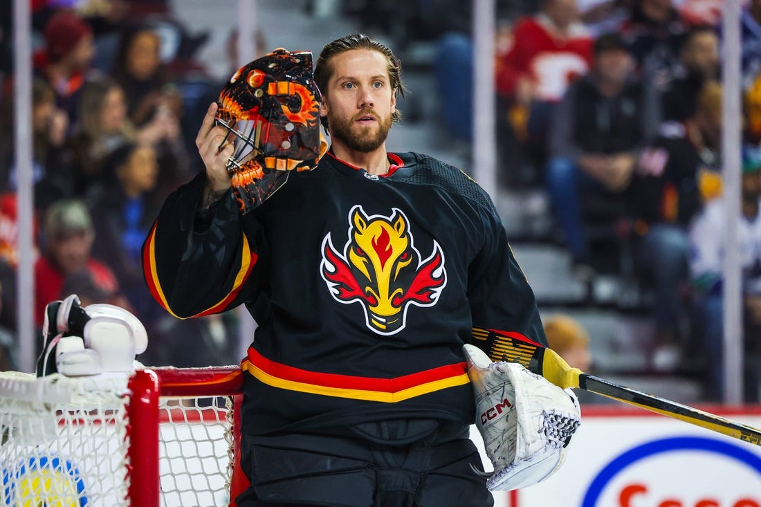 Dec 2, 2023; Calgary, Alberta, CAN; Calgary Flames goaltender Jacob Markstrom (25) during the first period against the Vancouver Canucks at Scotiabank Saddledome. Mandatory Credit: Sergei Belski-USA TODAY Sports