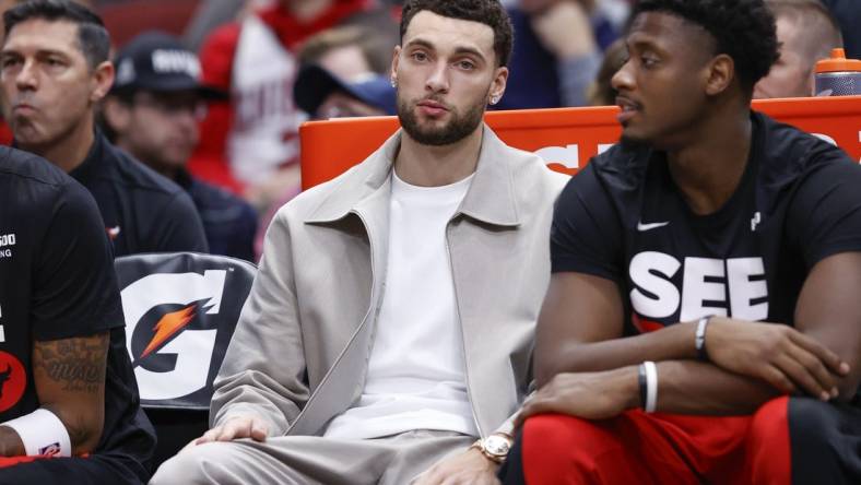 Dec 2, 2023; Chicago, Illinois, USA; Injured Chicago Bulls guard Zach LaVine (8) sits on the bench during the second half at United Center. Mandatory Credit: Kamil Krzaczynski-USA TODAY Sports