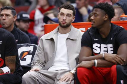 Dec 2, 2023; Chicago, Illinois, USA; Injured Chicago Bulls guard Zach LaVine (8) sits on the bench during the second half at United Center. Mandatory Credit: Kamil Krzaczynski-USA TODAY Sports