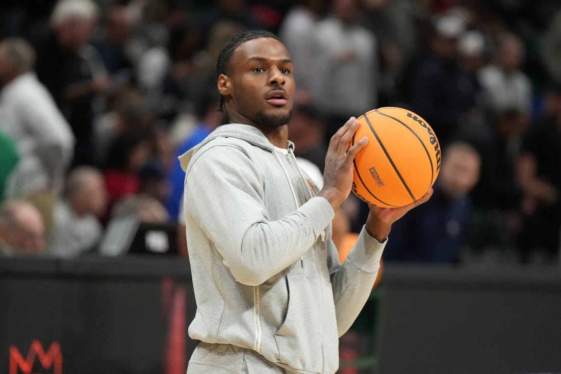 Dec 2, 2023; Las Vegas, Nevada, USA; Southern California Trojans guard Bronny James reacts during the Legends of Basketball Las Vegas Invitational against the Gonzaga Bulldogs at MGM Grand Garden Arena. Mandatory Credit: Kirby Lee-USA TODAY Sports