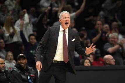 Dec 2, 2023; Las Vegas, Nevada, USA; Southern California Trojans head coach Andy Enfield reacts in the first half against the Gonzaga Bulldogs during the Legends of Basketball Las Vegas Invitational at MGM Grand Garden Arena. Mandatory Credit: Kirby Lee-USA TODAY Sports